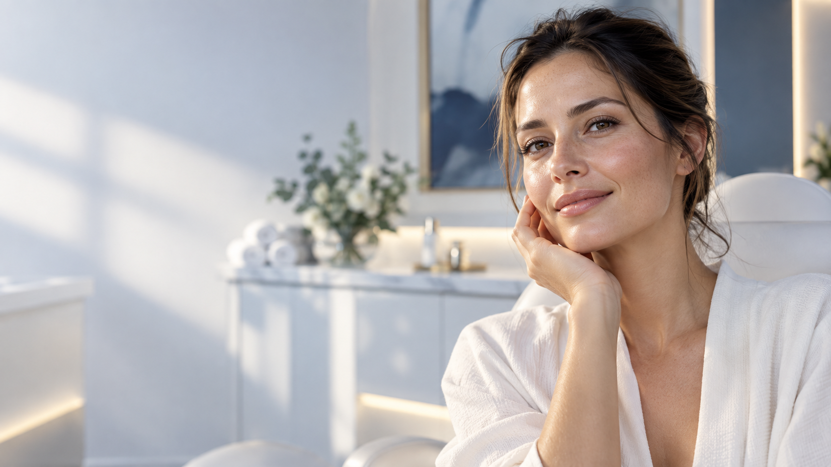 Mujer adulta con piel natural y luminosa en una clínica estética