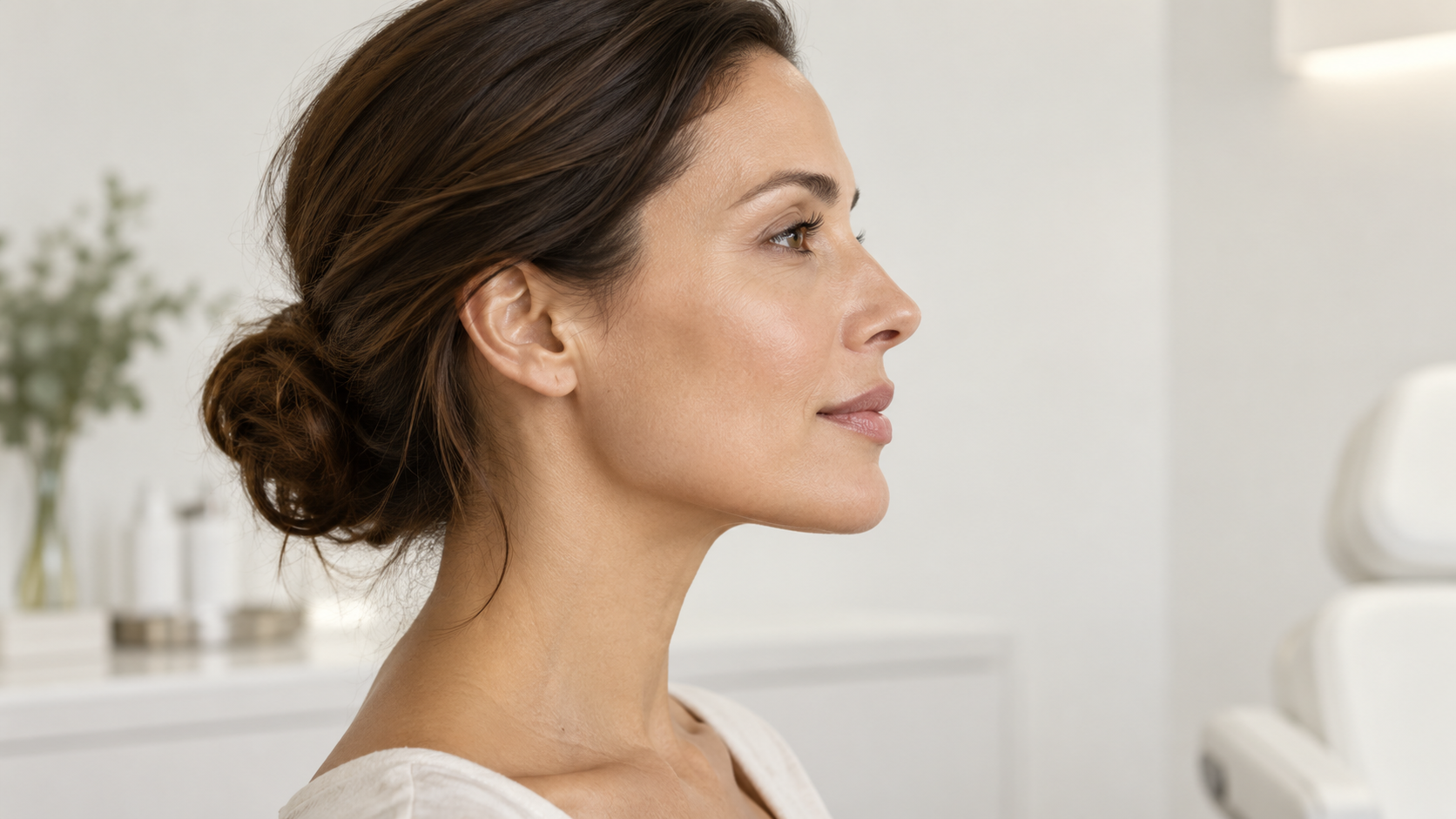 Perfil femenino natural con línea mandibular definida
