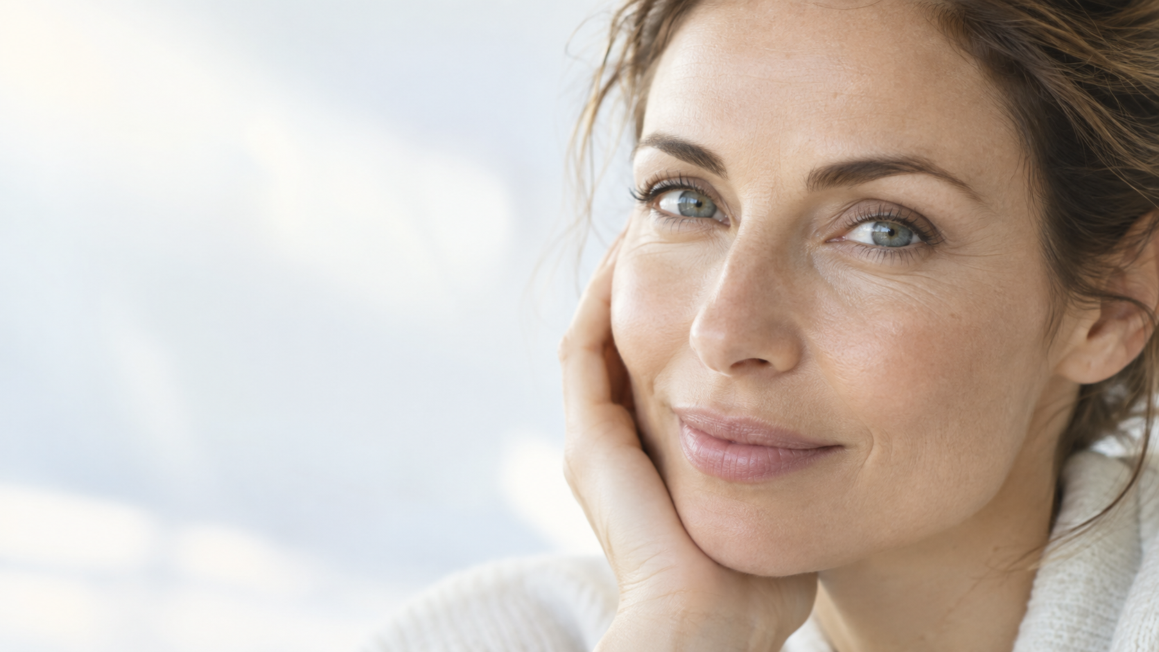Primer plano de mujer adulta con contorno de ojos natural y luminoso