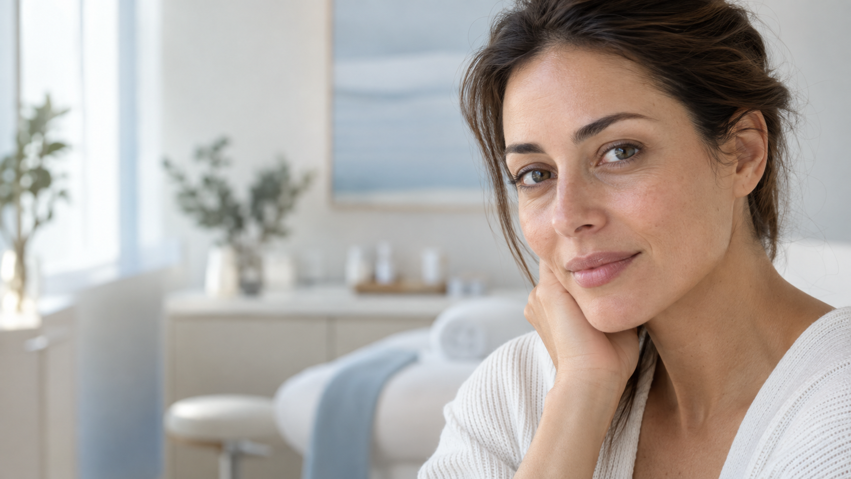 Mujer adulta con contorno de ojos natural en una clínica estética