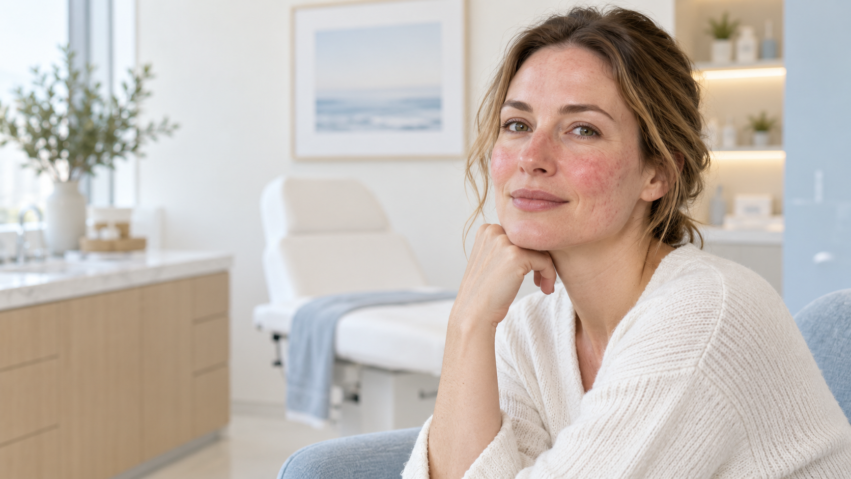 Mujer adulta con enrojecimiento facial leve y piel natural
